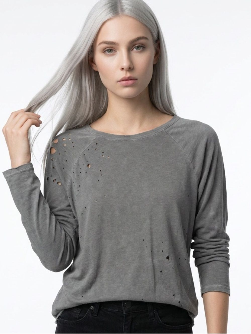 ME TO WE | DISTRESSED 3/4 Sleeve Gray Top Women’s Size Large